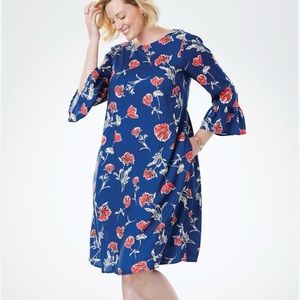 Woman Within Blue & Red Poppy Floral Print Bell Sleeve Rayon Knee Length Dress